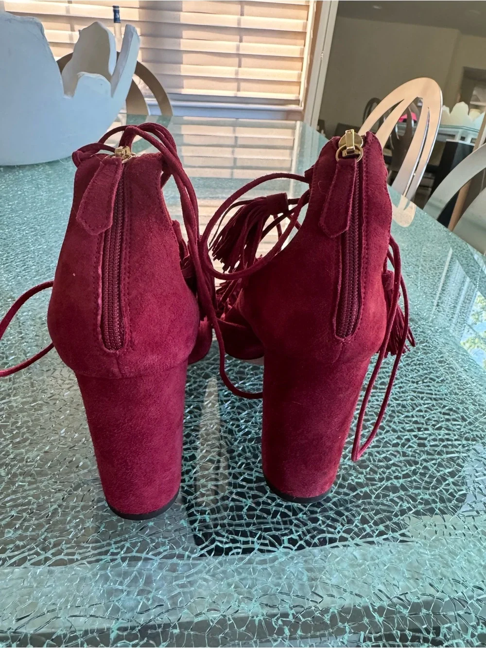 Aquazzura Women's Burgundy Tassel Lace-Up Pumps 40